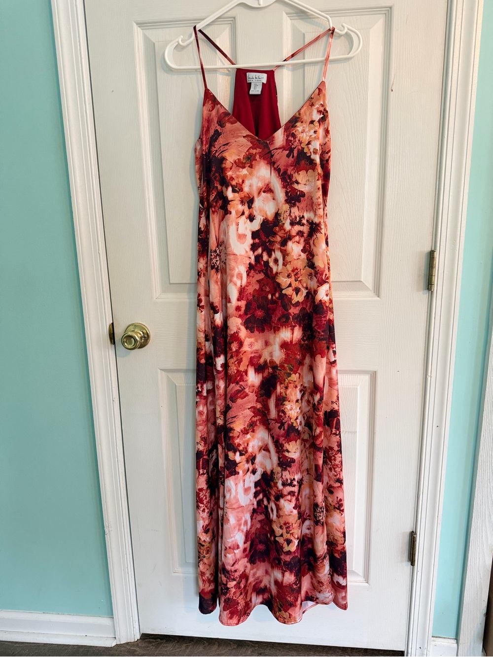 Nicole Miller New York Floral Red and Peach Maxi Slip Dress